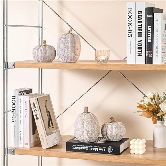 Artificial Pumpkin Decor Set of 2 White Brown Resin Pumpkins Fall Thanksgiving - Picture 4 of 7